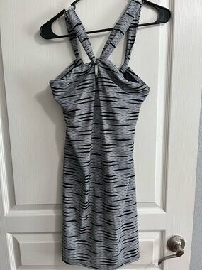 Athleta Gray & Black Striped Midi Dress